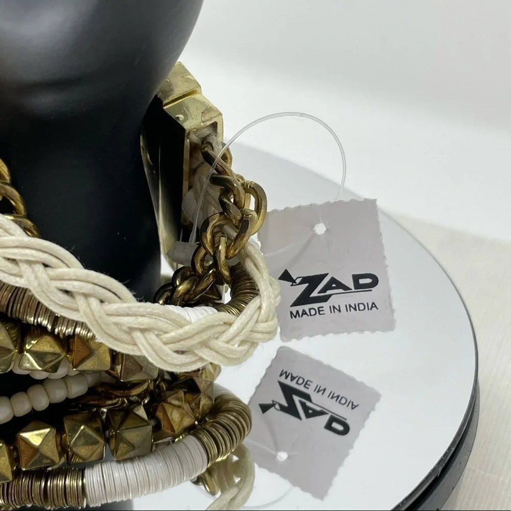 🌺 ZAD Boho Layered Chain Beaded Bracelet Gold White Neutral Multi Strand NWT